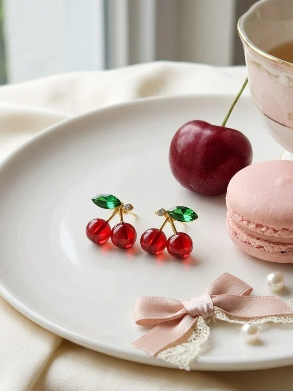 Red Cherry Acrylic Stud Earrings Gold Tone 925 Silver Post Coquette Coconut Girl